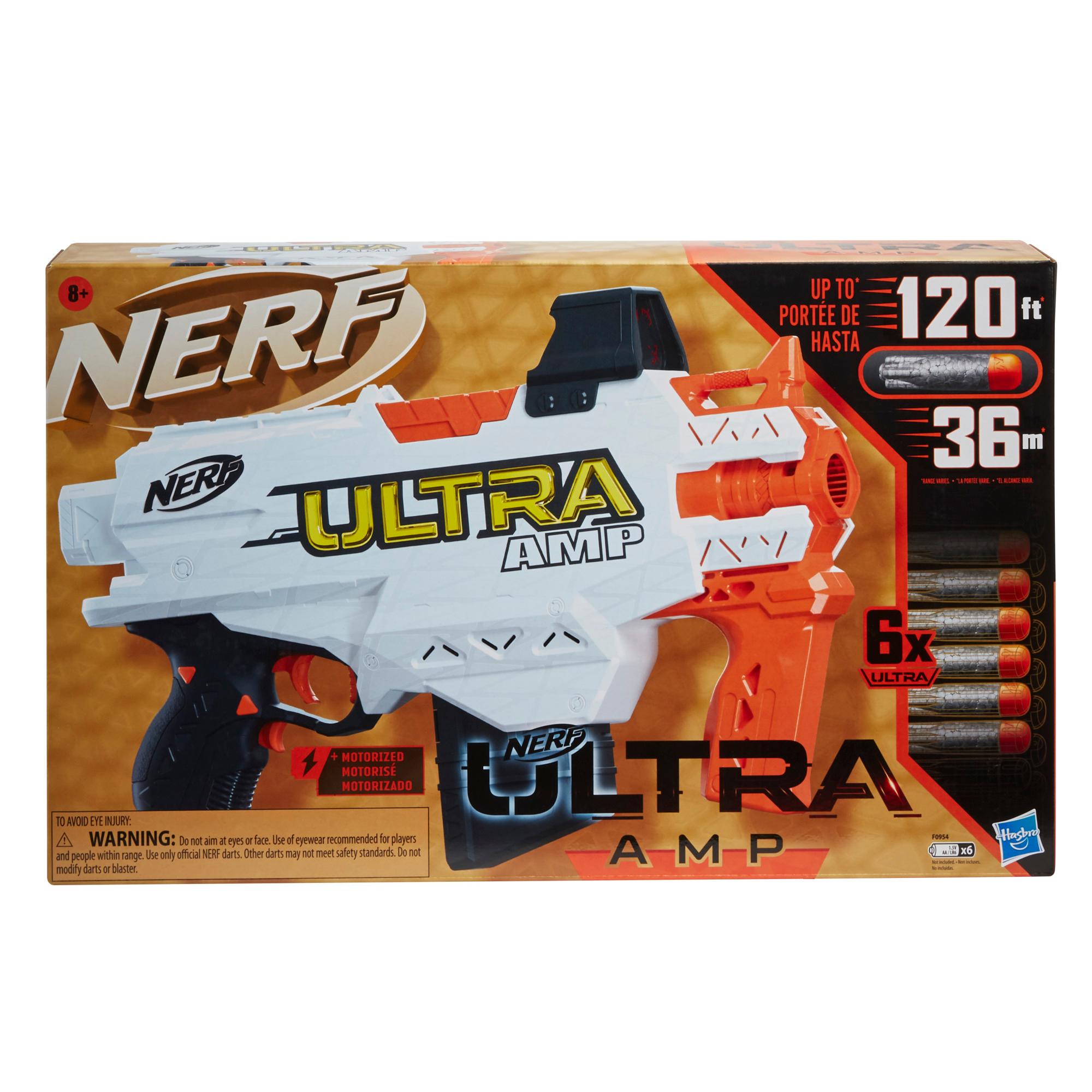 Nerf Ultra Platinum Amp motorisierter Blaster, Platinakzente, 6-Dart Clip, 6 Darts, nur mit Nerf Ultra Darts kompatibel