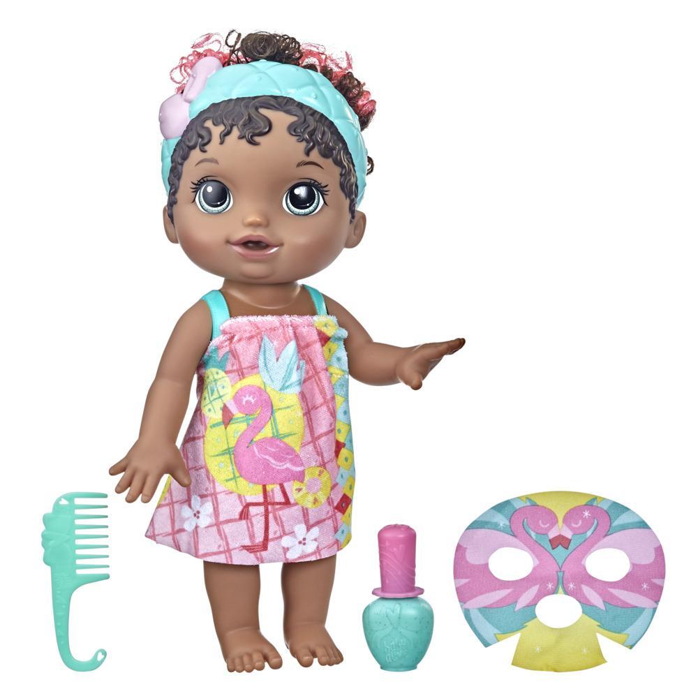 Baby Alive Glam Spa Baby Doll, Flamingo, Color Reveal Nails and Makeup, 12.4-Inch Waterplay Toy, Kids 3 and Up, Black Hair