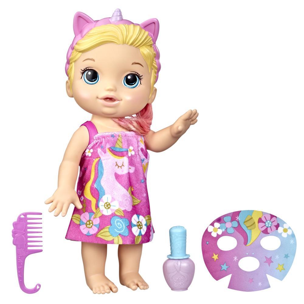 Baby Alive Glam Spa Baby Doll, Unicorn, Color Reveal Nails and Makeup, 12.8-Inch Waterplay Toy, Kids 3 and Up, Blonde Hair