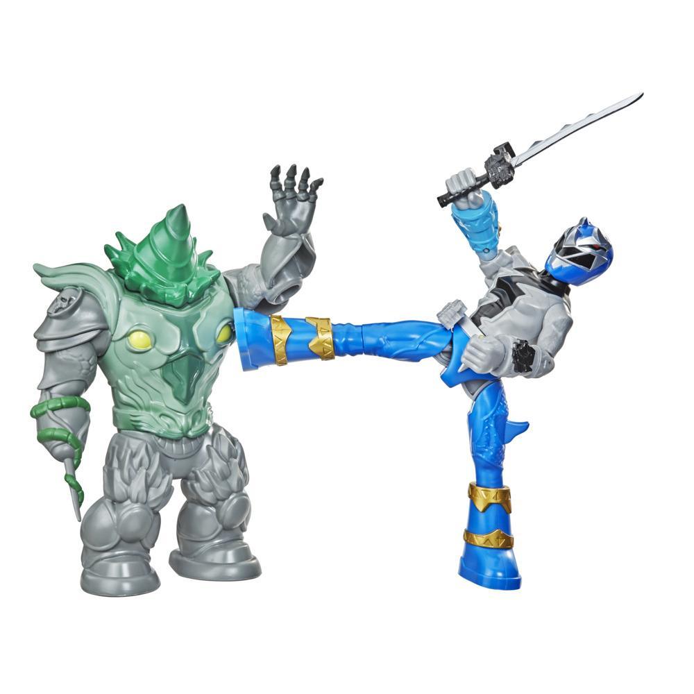 Power Rangers Dino Fury Battle Attackers 2-Pack Blue Ranger vs. Shockhorn Kicking Action Figure Toys For Ages 4 and Up