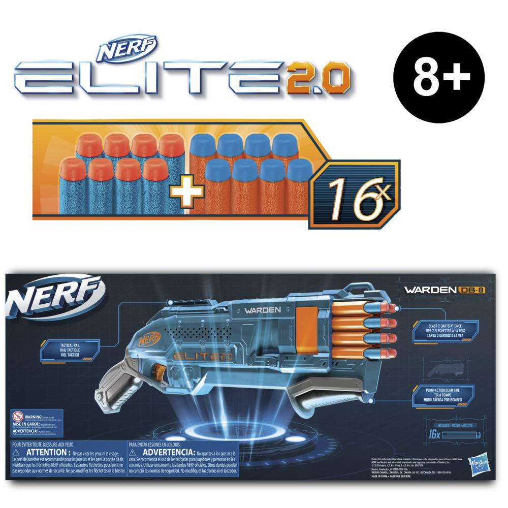 Nerf Elite 2.0 Warden DB-8 Blaster, 16 Official Nerf Darts, Blast 2 Darts At Once, Tactical Rail, Slam Fire