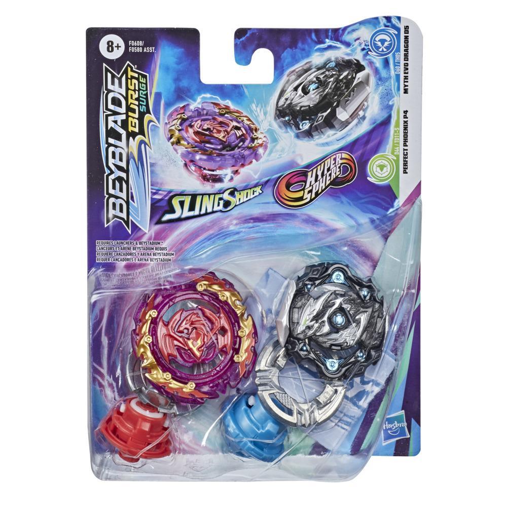 Beyblade Burst Surge Dual Collection Pack Hypersphere Myth Evo Dragon D5, Slingshock Perfect Phoenix P4 Battle Game Toys