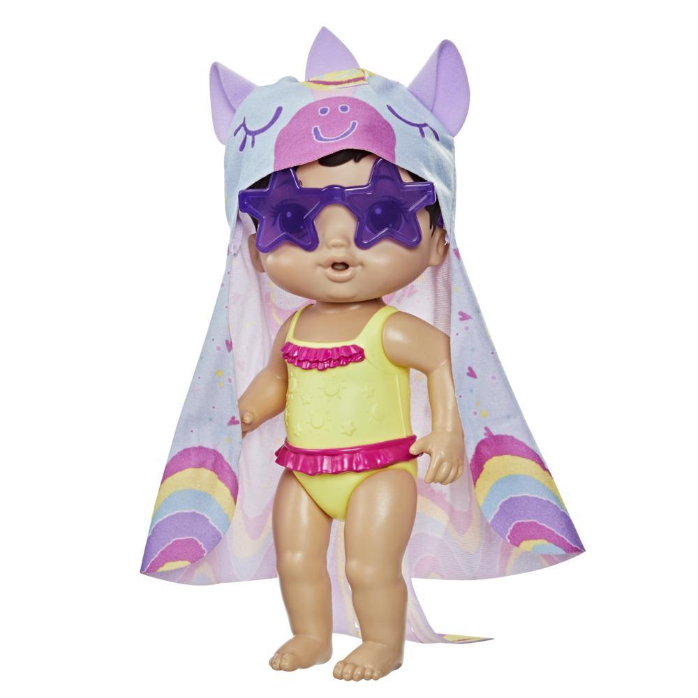 Baby Alive Sunshine Love Doll, Unicorn Towel, 10-Inch Waterplay Baby Doll, Sunglasses, Brown Hair Toy for Kids 3 and Up