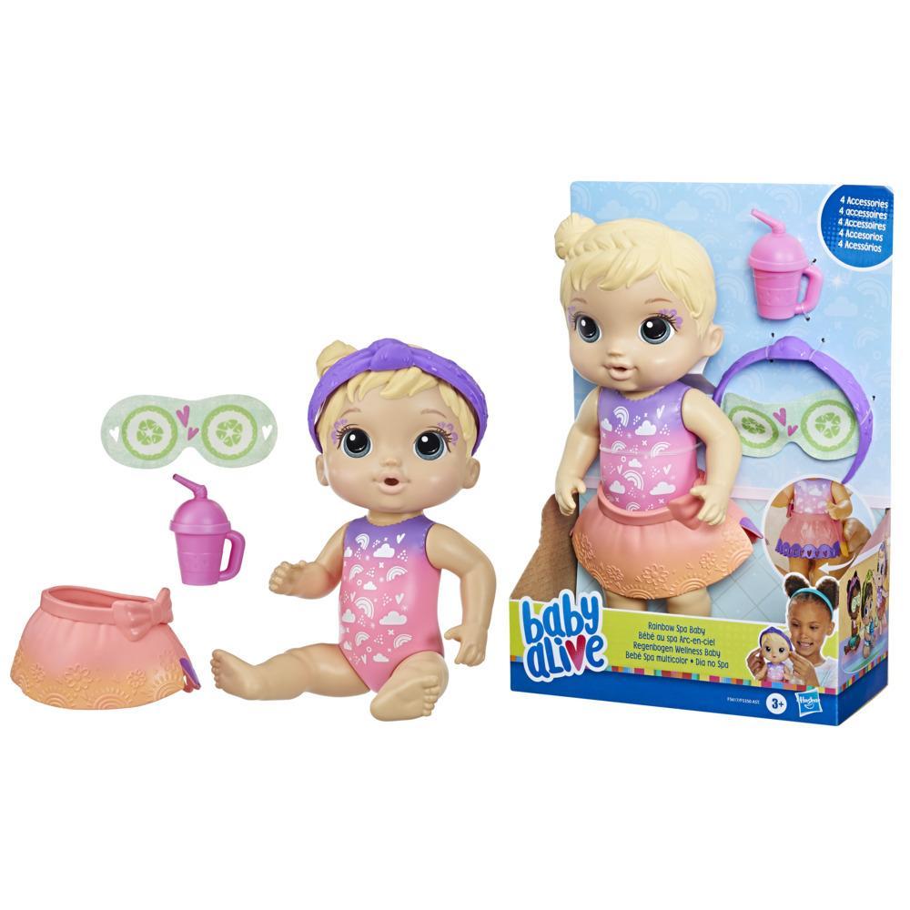 Baby Rainbow Spa Baby Doll, 10-Inch Spa-Themed Toy for Kids Ages 3 and Up, Doll Eye Mask and Blonde Hair - Baby Alive