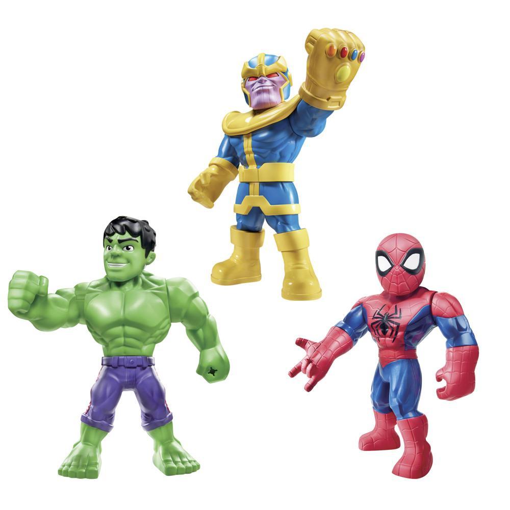 Playskool Heroes Marvel Super Hero Adventures Mega Mighties 10-Inch 3 Pack, Thanos, Spider-Man, Hulk, Ages 3 and Up