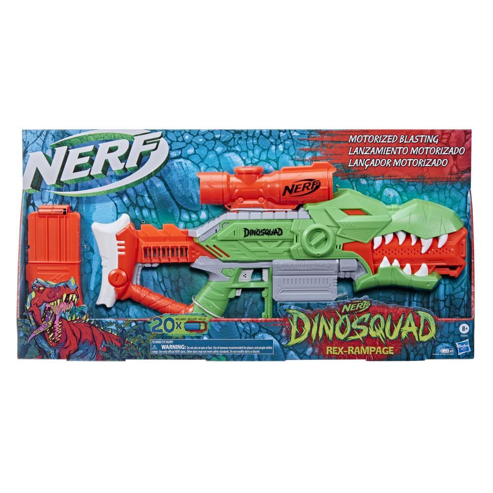 Lanzador motorizado Nerf DinoSquad Rex-Rampage - 20 dardos Nerf, clip de 10 dardos y portadardos para 10 - Diseño T-Rex