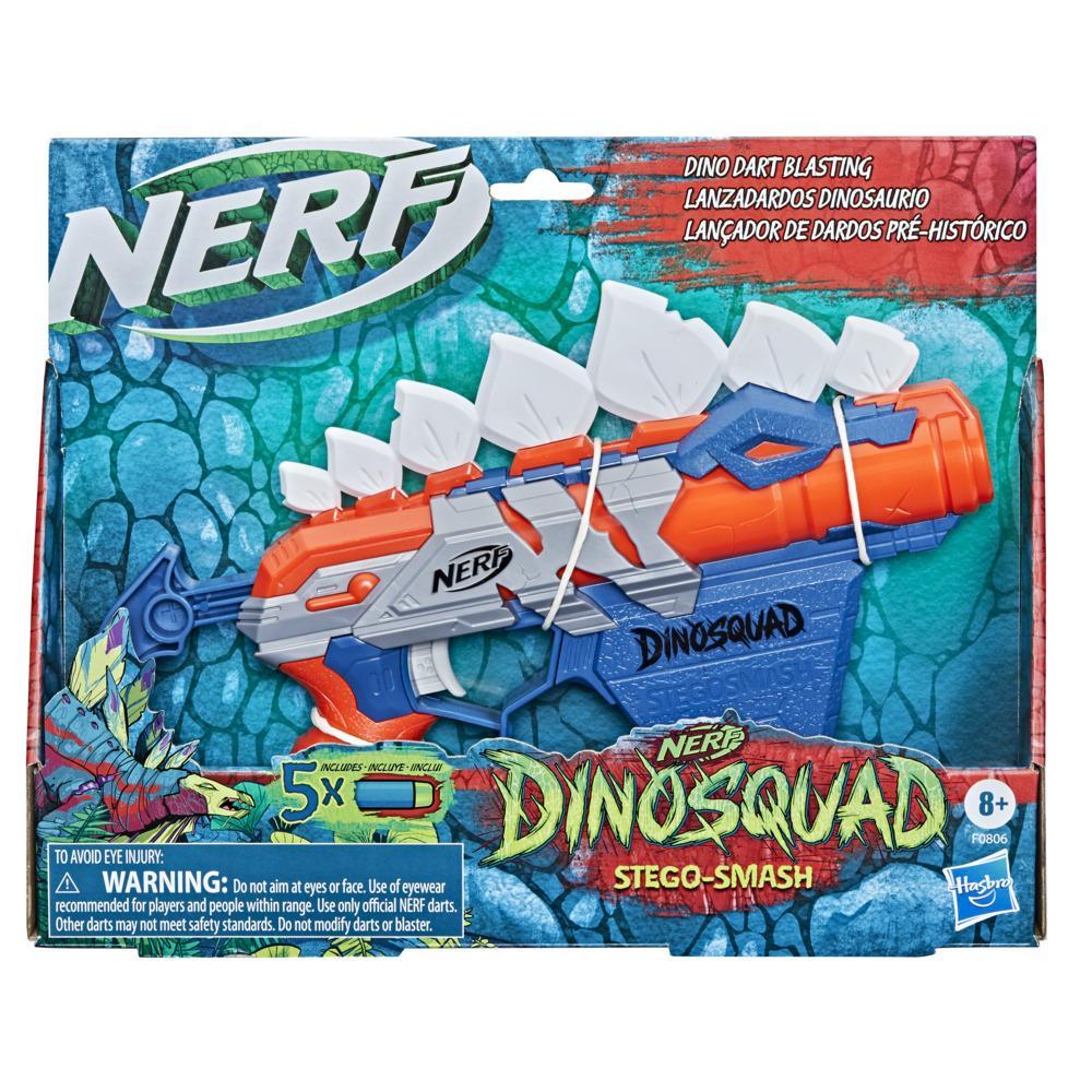 Nerf DinoSquad - Stego-Smash - Lanzadardos con portadardos para 4, 5 dardos Nerf oficiales, diseño de dinosaurio, púas de estegosaurio