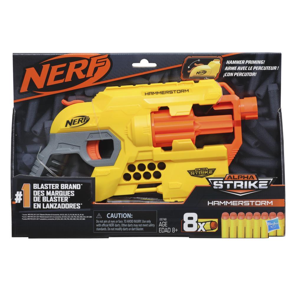 Nerf Alpha Strike Hammerstorm Blaster – Iskuritoiminen viritys, Pyörivä rumpu, 8 virallista Nerf-nuolta – Lapsille, teineille, aikuisille