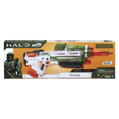 Nerf Halo, blaster à fléchettes motorisé MA40, chargeur 10 fléchettes amovible, 10 fléchettes Nerf Elite, rail d'appoint