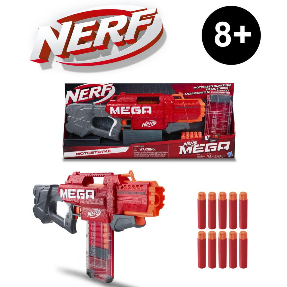 Nerf Mega - Blaster motorisé Motostryke à 10 fléchettes, 10 fléchettes Nerf Mega officielles et un chargeur 10 fléchettes, pour enfants, ados et adultes