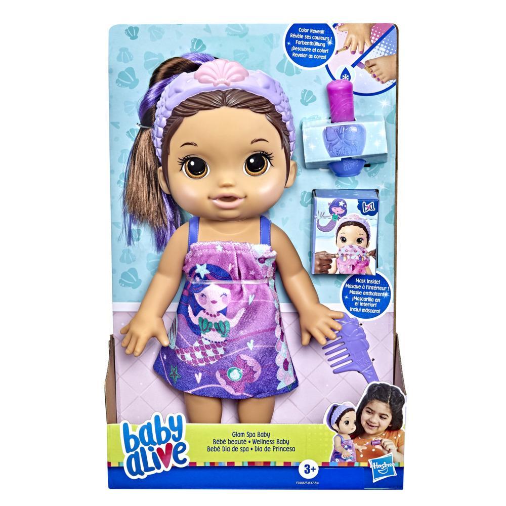 Baby Alive poupée Bébé beauté 31,5 cm à baigner, thème flamant rose,  maquillage et ongles magiques, cheveux noirs, enfants, dès 3 ans 