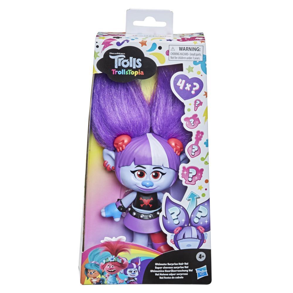 DreamWorks TrollsTopia, Val Super cheveux surprise, poupée avec 4 surprises cachées dans ses cheveux, dès 4 ans