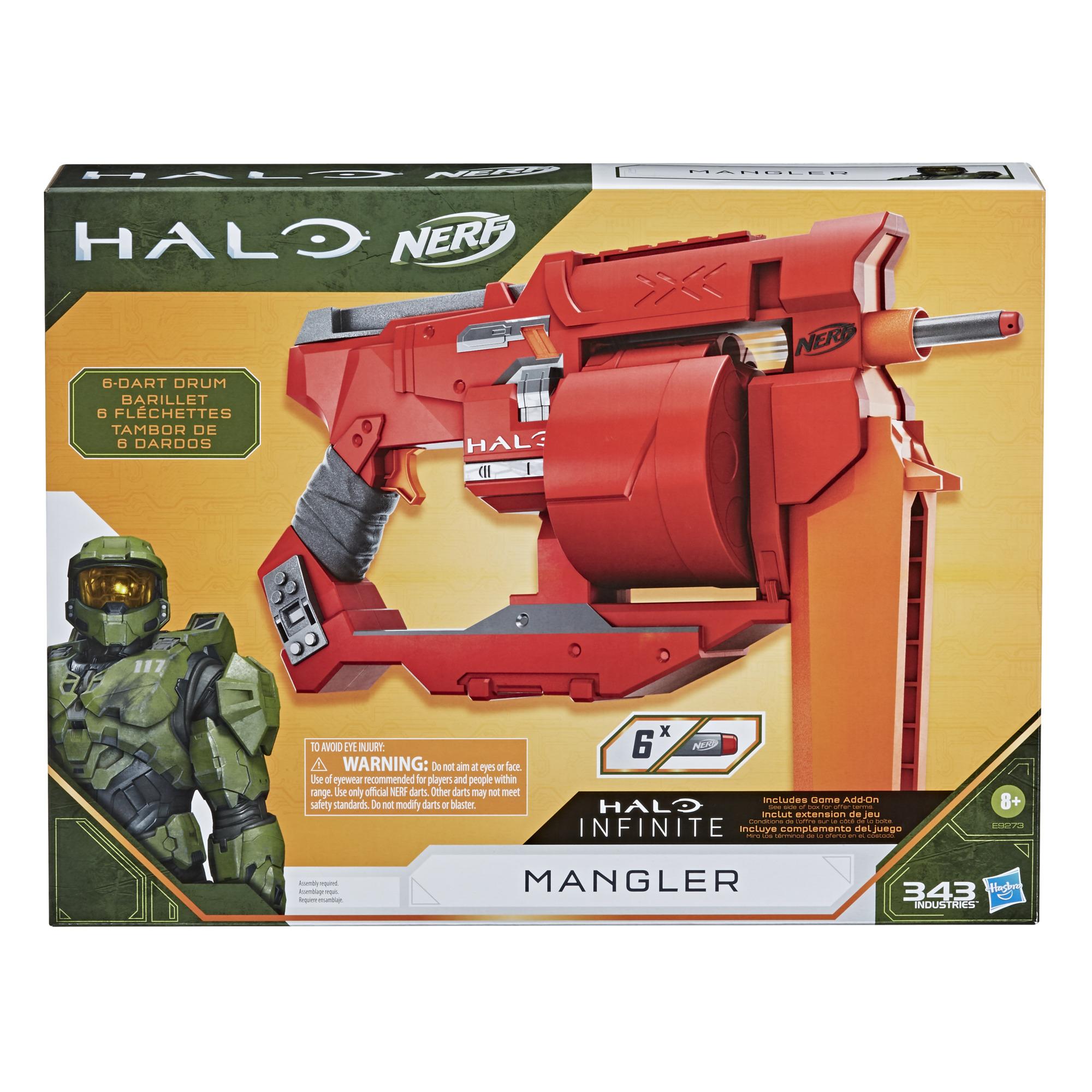 Nerf Halo, blaster à fléchette Mangler, poignée d'amorçage, barillet rotatif 6 fléchettes, inclut 6 fléchettes Nerf Elite officielles