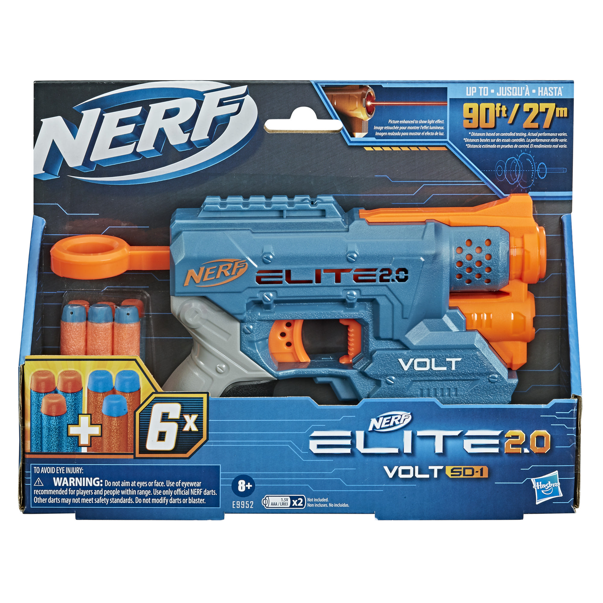 Nerf Elite 2.0, blaster Volt SD-1, 6 fléchettes Nerf, faisceau lumineux, rangement pour 2 fléchettes, 2 rails tactiques