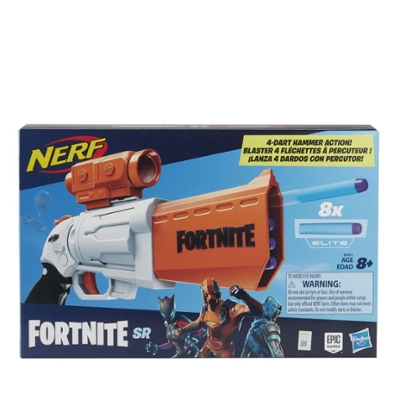 Nerf Fortnite - Blaster SR 4 fléchettes avec percuteur et viseur amovible, inclut 8 fléchettes Nerf Elite officielles