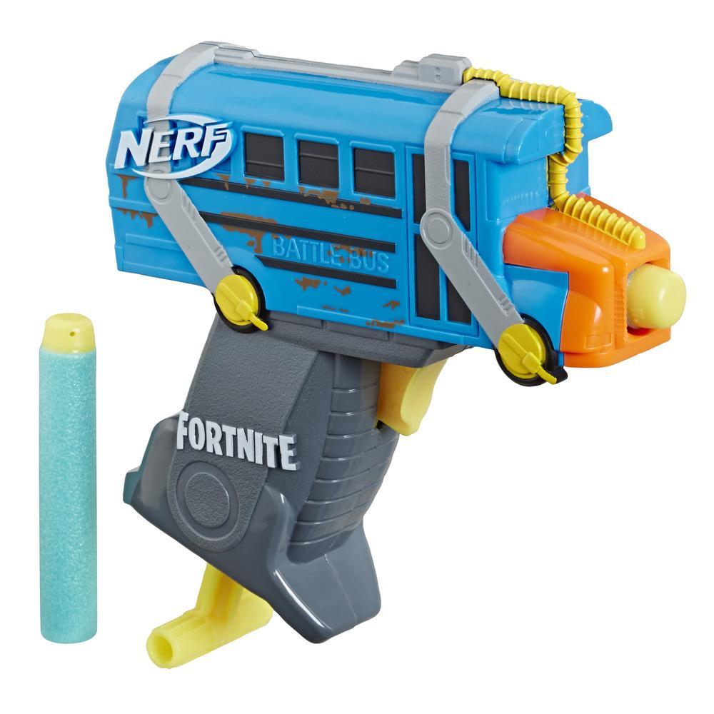 Nerf MicroShots Fortnite, Micro Battle Bus, mini blaster à fléchettes, 2 fléchettes Nerf Elite officielles