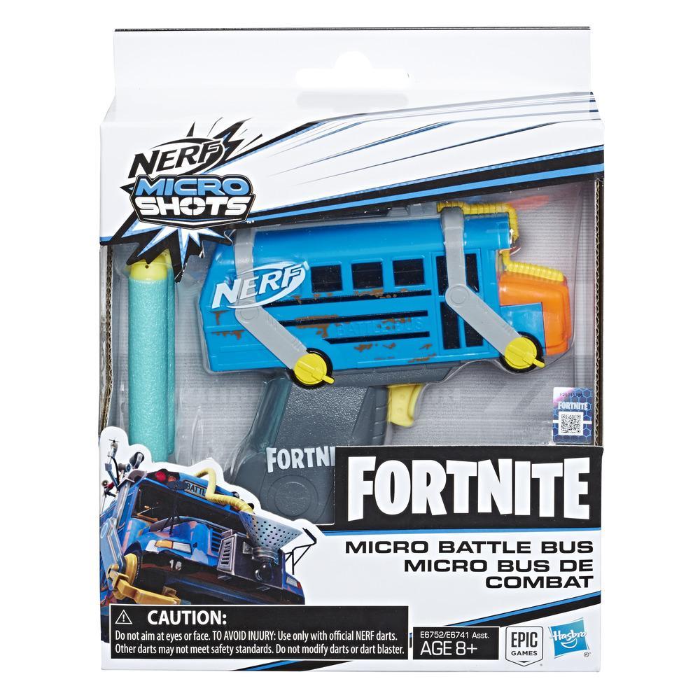 Nerf MicroShots Fortnite, Micro Battle Bus, mini blaster à fléchettes, 2 fléchettes Nerf Elite officielles