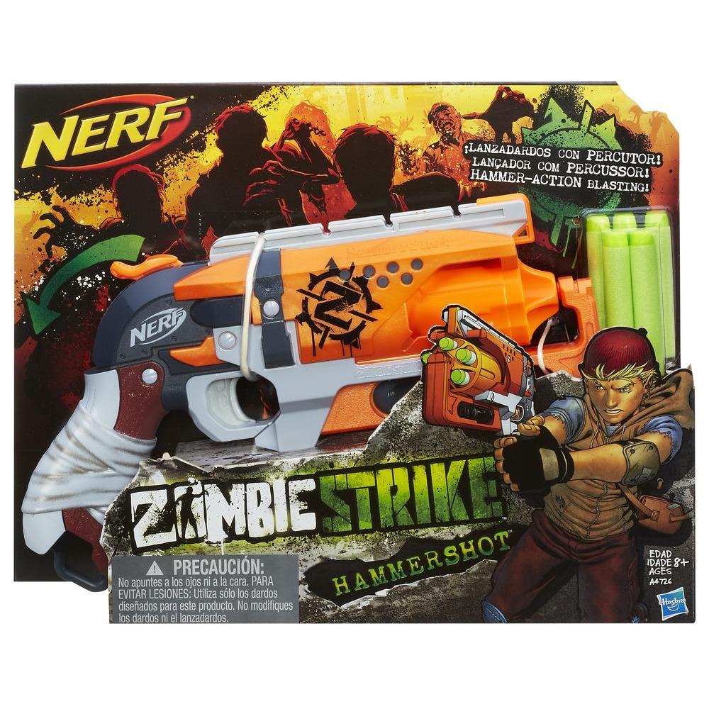 Nerf NERF Zombie Strike Hammershot Blaster -- Pull-Back Hammer-Blasting  Action, 5 Official Zombie Strike Darts -- Stripes Color