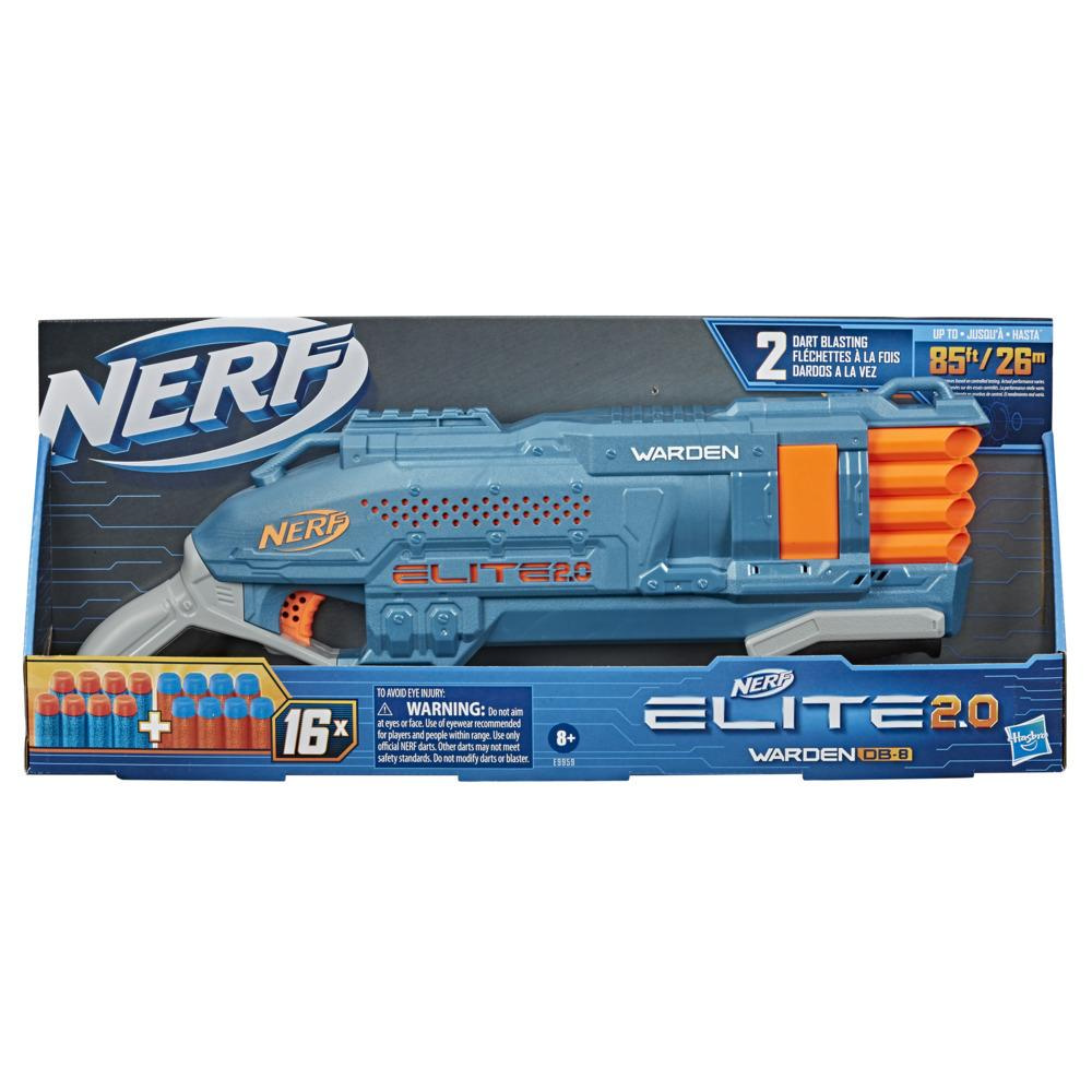 Nerf Elite 2.0 Warden DB-8-blaster, 16 officiële Nerf-darts, vuurt 2 darts tegelijk af, tactische rail, spervuur