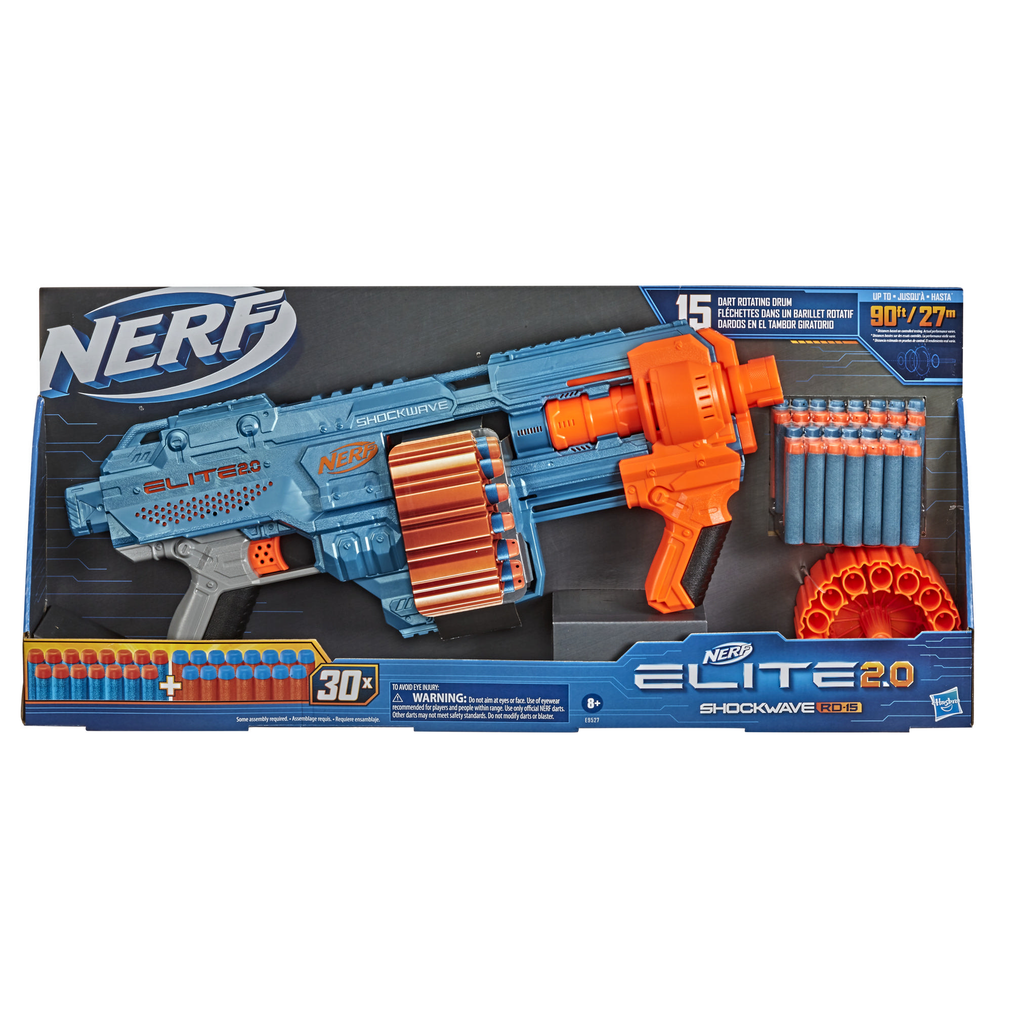 Nerf Elite 2.0 Shockwave RD-15-blaster, 30 Nerf-darts, draaiende trommel met 15 darts, spervuur, aanpassingsmogelijkheden